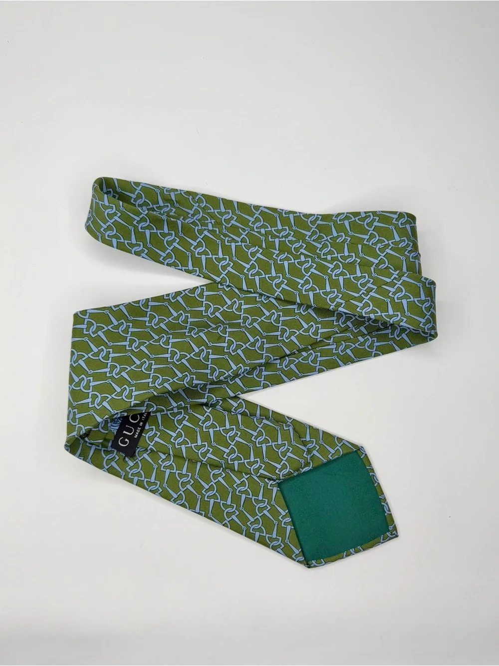 Gucci Men’s Silk Tie Green Blue Horsebit Equestrian Print Made in Italy Luxury